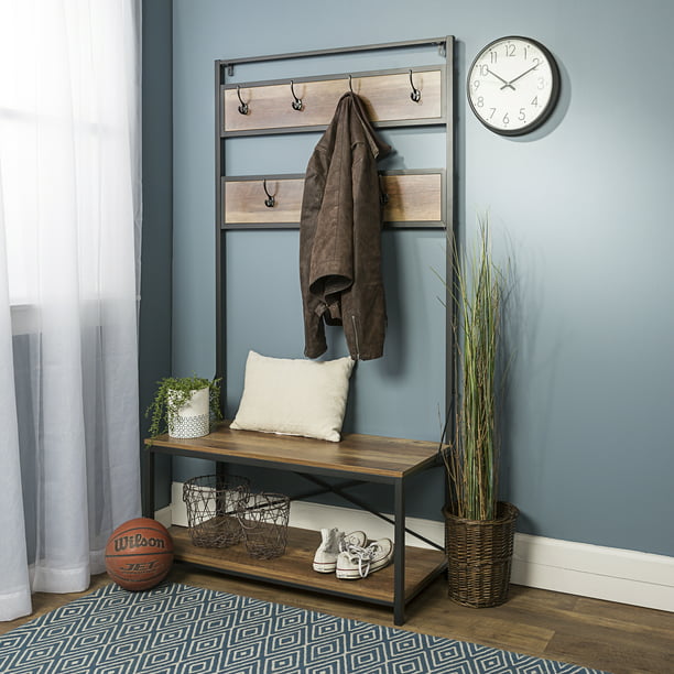 Homestar wide hall tree coat rack with built in bench Woven Paths Industrial Hall Tree With Bench And Coat Hooks Reclaimed Barnwood Walmart Com Walmart Com