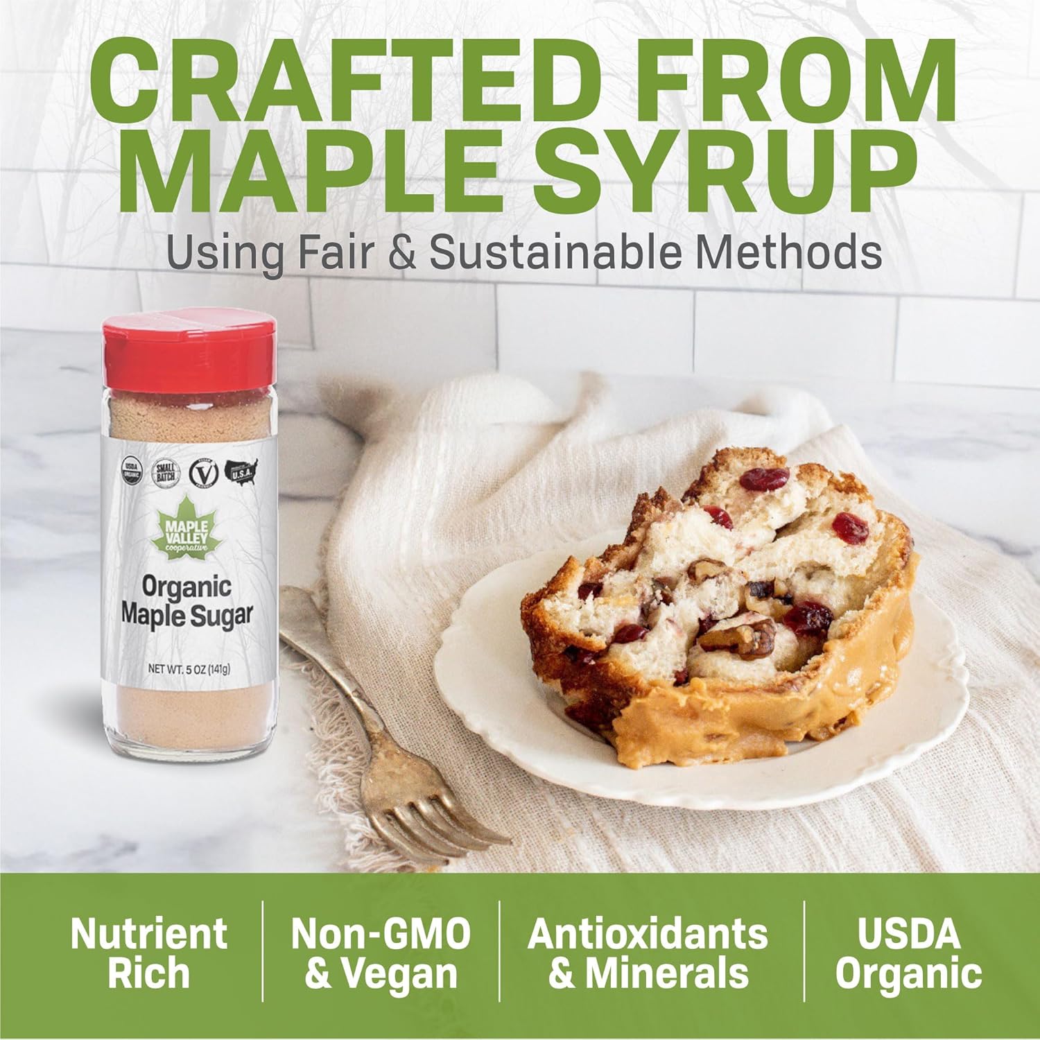 Maple Valley Organic Pure Maple Sugar Granulated, Natural Sugar Alternative, Good in Coffee, Baking, Cooking, Made in USA, 5oz Shaker