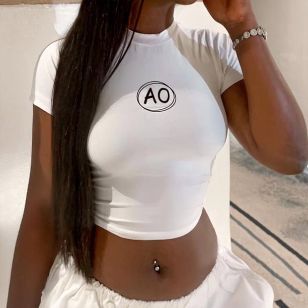 Cami Top Camiseta de tirantes para mujer con cuello redondo, estampado de letras, ombligo expuesto, atuendo diario (blanco S) Cgtredaw Para estrenar
