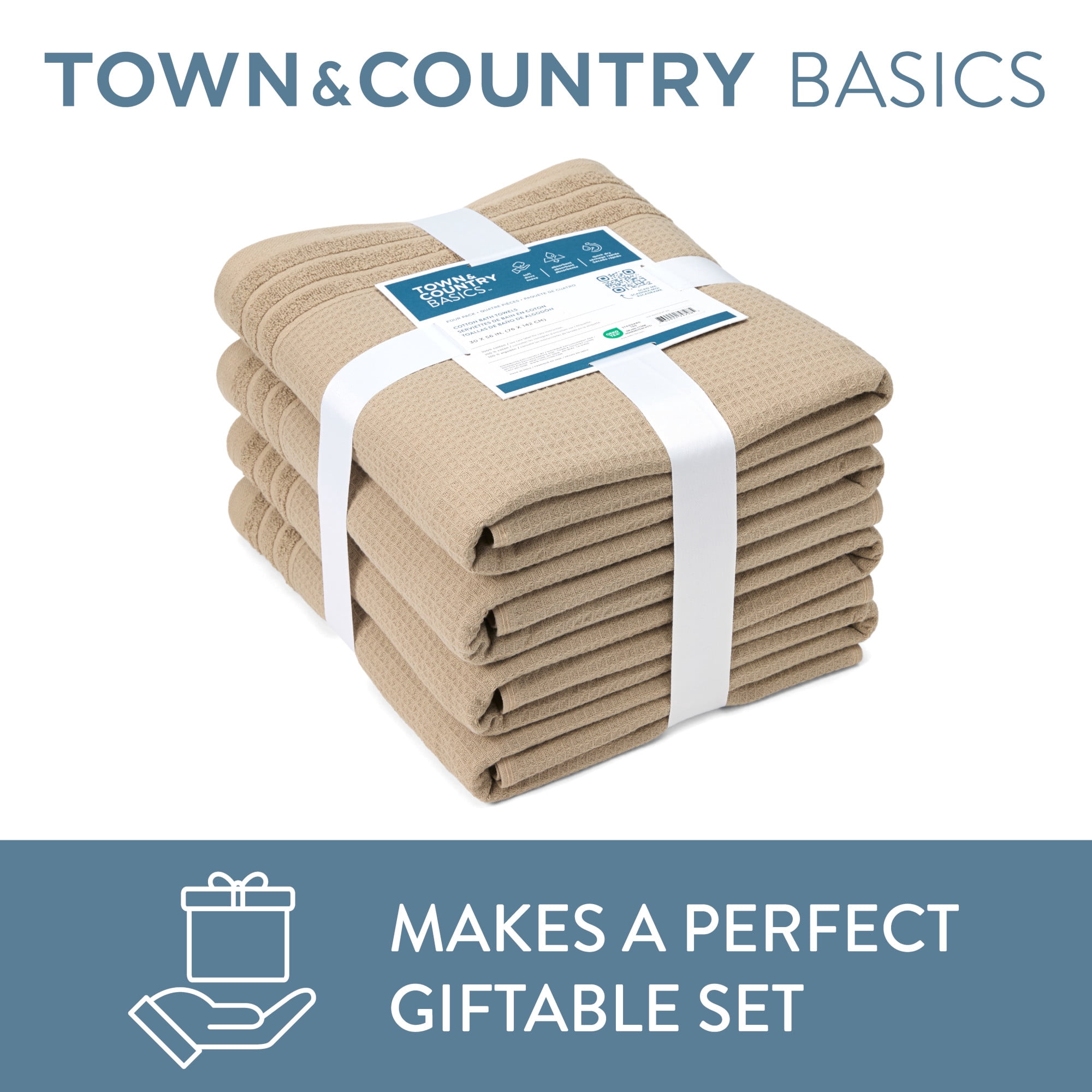 TOWN & COUNTRY BASICS 4-Piece Waffle Woven Terry Stripe Bath Towel Set, 30x56-Inch, 100% Cotton, Quick Dry, Taupe