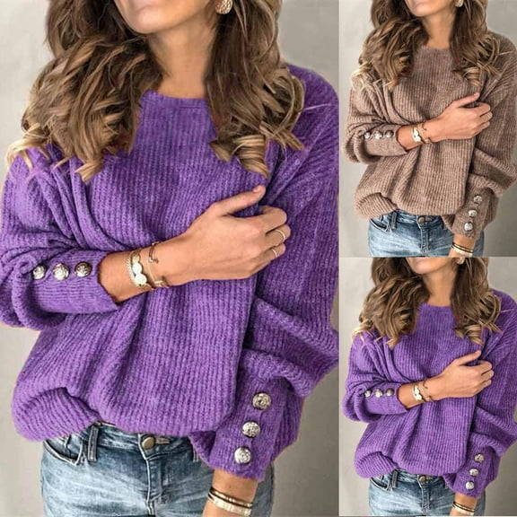 FRSASU Womens fashionable and comfortable Long Sleeve top Casual Lightweight Button Cuffs Fall Pullover Sweater Purple