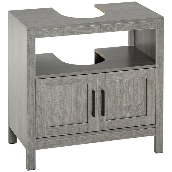 Living Room Cabinets kleankin Pedestal Sink Storage Cabinet, Bathroom Under Sink Cabinet with 2 Doors and Open Shelf, Bathroom Vanity, Gray,Wooden Cabinets