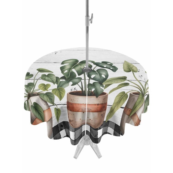 Spring Outdoor Tablecloth - 60 Inch Round Dining Table Cover, Farmhouse Pots Plant Leaves Wood Plank Black Plaid Waterproof Outdoor Table Cloth with Umbrella Hole & Zipper for Picnic/Patio/Party
