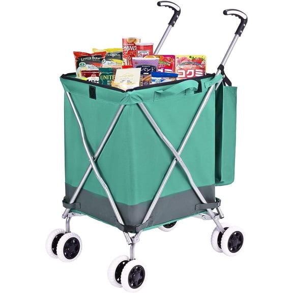 Foldable Rolling Grocery Cart with 360° Swivel Wheels, Removable Waterproof Canvas Bag and Cover