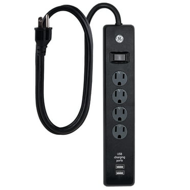 GE 4 Outlet 2 USB Port Power Strip Surge Protector, 3ft. Power Cord, Black, 36189
