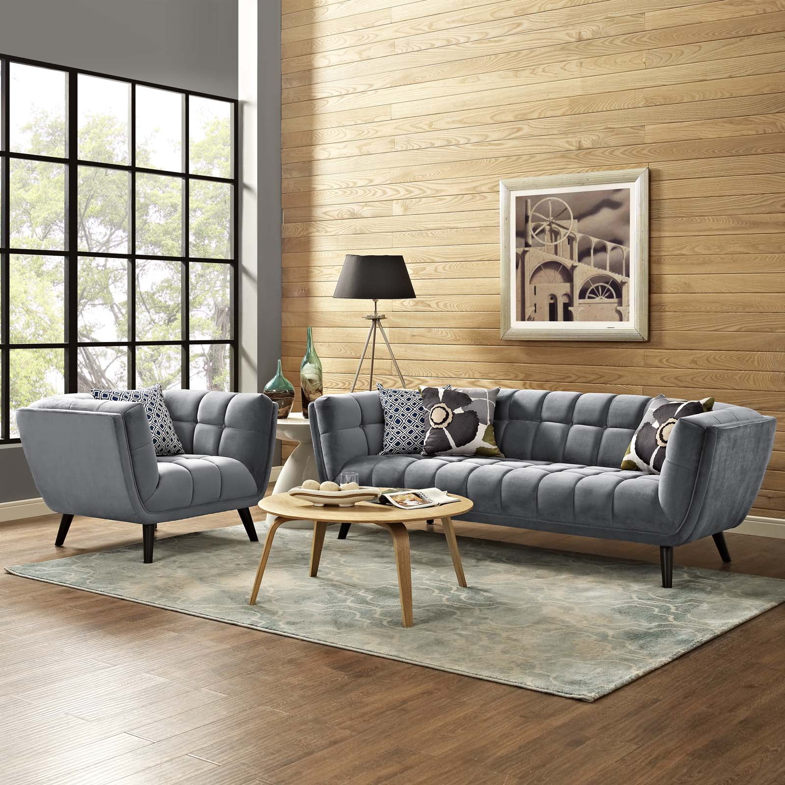 Modway Bestow 2 Piece Performance Velvet Sofa and Armchair Set in Gray