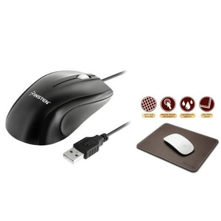 Insten Wired Optical Mouse Black USB 2.0 Ergonomic Scroll Wheel + Mouse Pad for Computer Brown Leather(7 x
