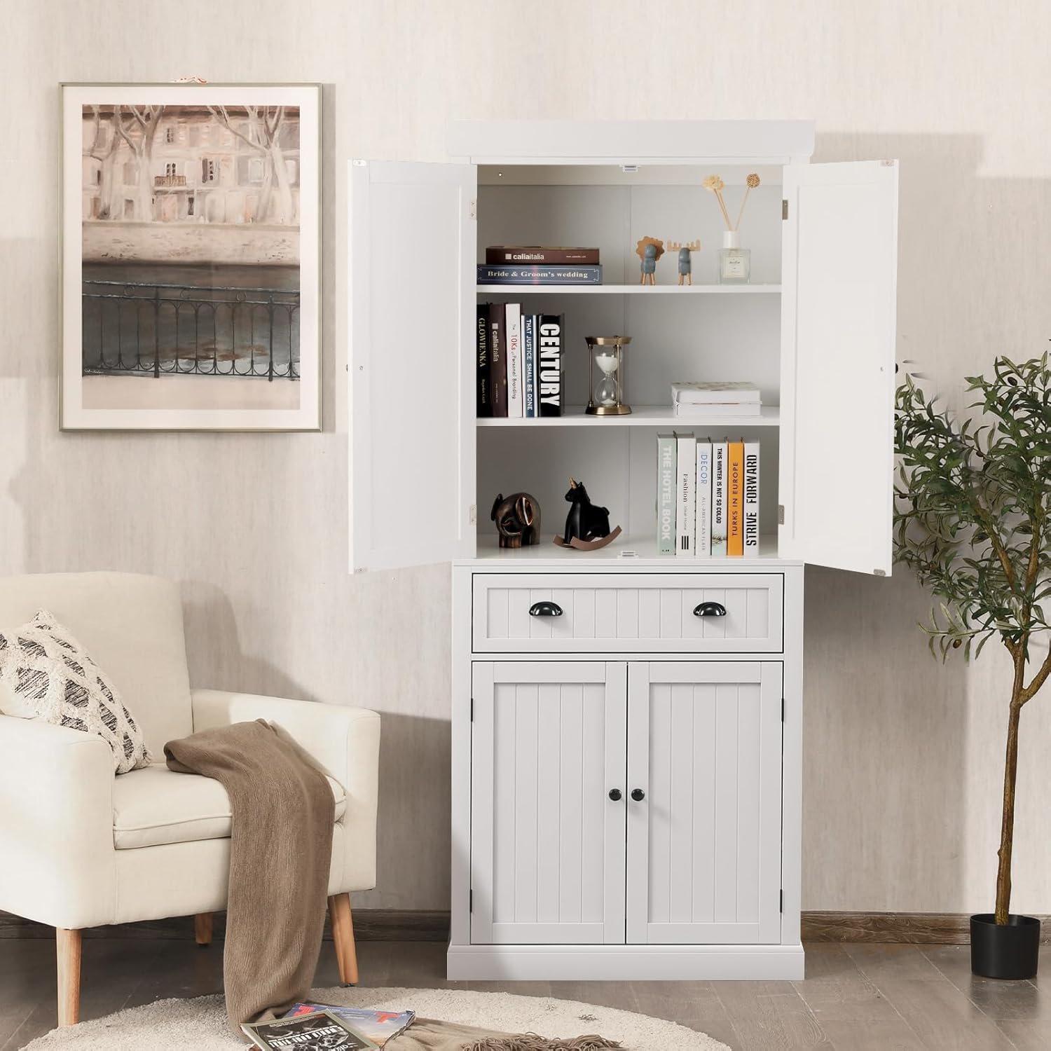 Traditional Kitchen Pantry Cabinet, Kitchen Cupboard with Double-Doors, Large Drawer and Adjustable Shelves for Dining Room, Bathroom