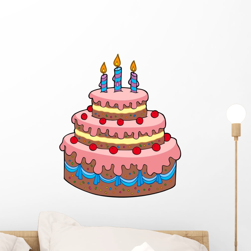 Birthday cake with candles and sweets on white table near blue wall.  Generative AI 28823204 Stock Photo at Vecteezy