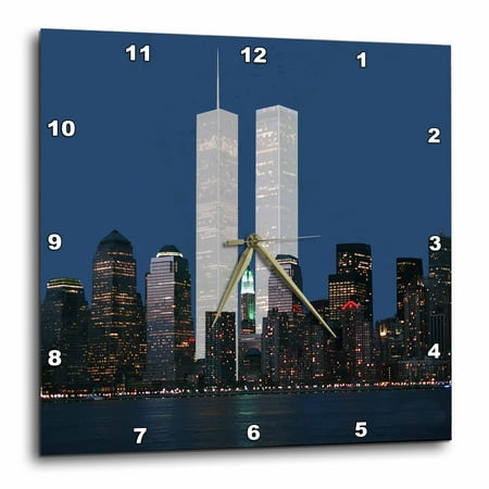 New York City Twin Tower - 3dRose New York City evening skyline featuring the Twin Towers, Wall Clock, 13 by 13-inch