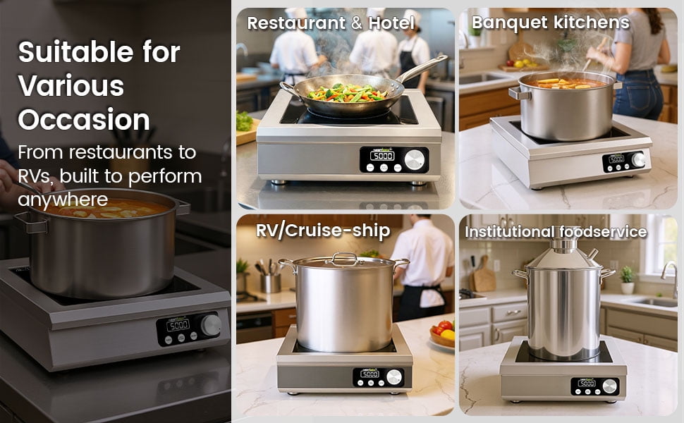 5000W Commercial Induction Cooktop, 208V 3-Phase Large Induction Burner with 20 Power & Temp Levels, 9.25" Large Coil, 24h Timer, Pro Electric Countertop Burners for Restaurant Kitchen