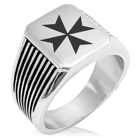 Stainless Steel Maltese Cross Needle Stripe Pattern Biker Style Polished Ring