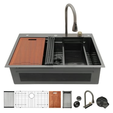 Gunmetal Black Drop in Waterfall Kitchen Sink - 33*22 inch Single Bowl 16 Gauge Stainless Steel Ledge Workstation Kitchen Sinks with Pull-Out Faucet & Cup Washer