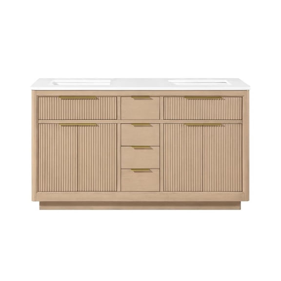 Pemberly Row 60" Sahara Birch Bathroom Vanity with White Countertop