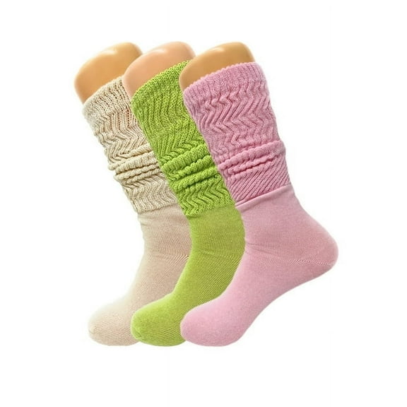 Colorful Slouch Socks 3 Pairs Scrunch Knee Socks Shoe Size 5-10 (Ecru - Lemon Green - Pink)
