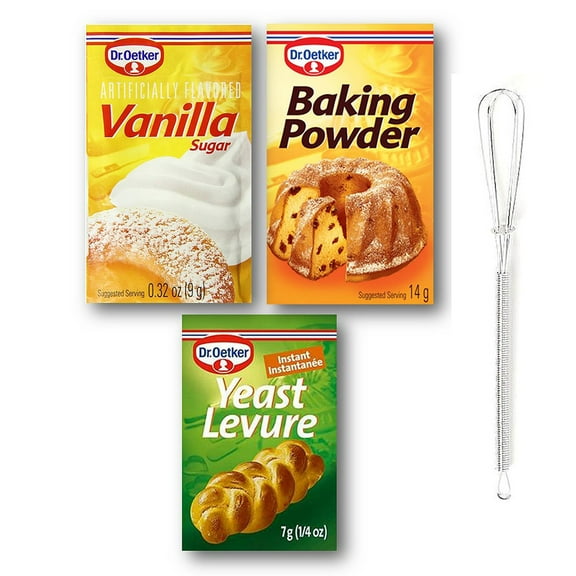 Dr. Oetker Baking Essentials Bundle Pack of 6 Baking Powder, 3 Yeast Levure, 6 Vanilla Sugar, and 1 Mini Stainless Steel Whisk (10-Piece Set)