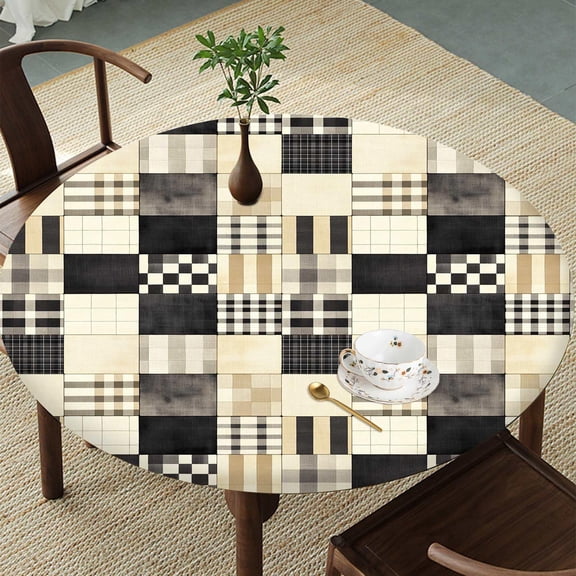 Neutral Patchwork Plaid Round Tablecloth – Fitted Circle Table Cover with Elastic Edge, Waterproof & Washable Polyester Table Cloth for 35" to 42" Indoor/Outdoor Tables