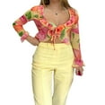 thumbnail image 1 of Cardigan Transparent pour Femmes Imprimé Floral Orange Col Plongeant Haut Court à Nouer, 1 of 9