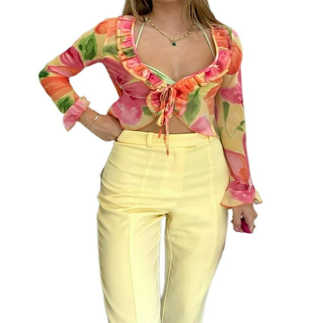Cardigan Transparent pour Femmes Imprimé Floral Orange Col Plongeant Haut Court à Nouer