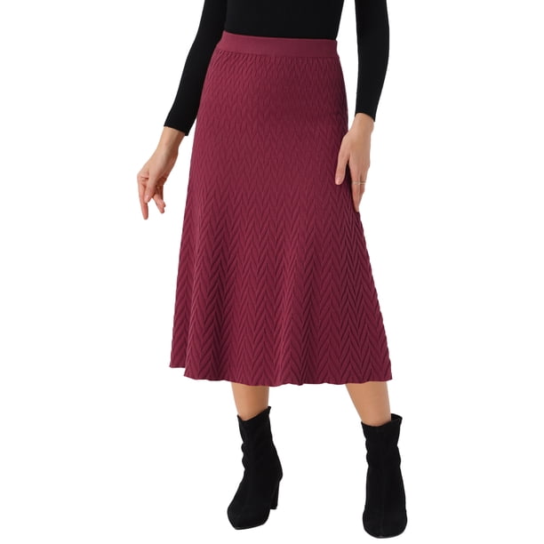 Falda midi de suéter elástica de cintura alta de punto acanalado para mujeres Inspire Chic en color burdeos