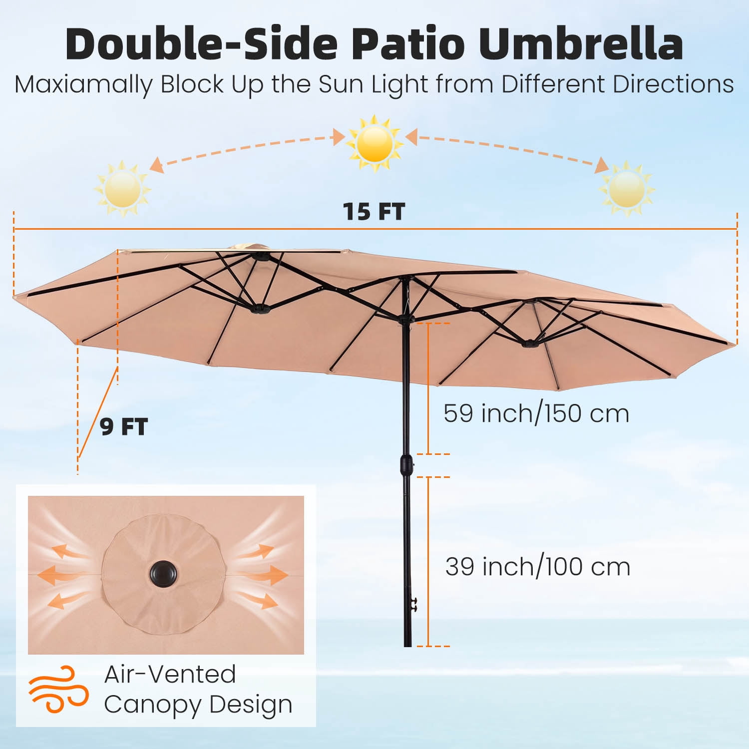 15ft Outdoor Patio Umbrella Extra-Large Double-Sided Garden Umbrella with Crank Handle - Beige