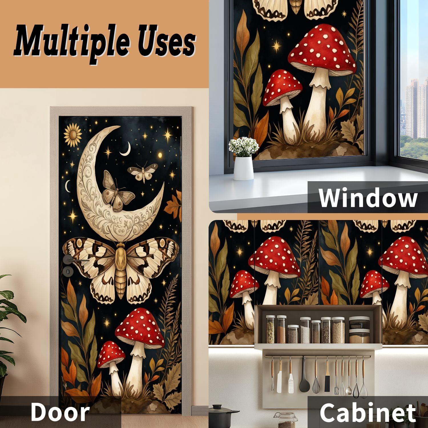 Self Adhesive Vinyl Refrigerator Wrap Set Mystical Night Sky Butterflies Crescent Moon Red Mushrooms Door Mural Removable Fridge Sticker Peel and Stick&nbsp;Full Door Cover Decal Kitchen Bar Decor