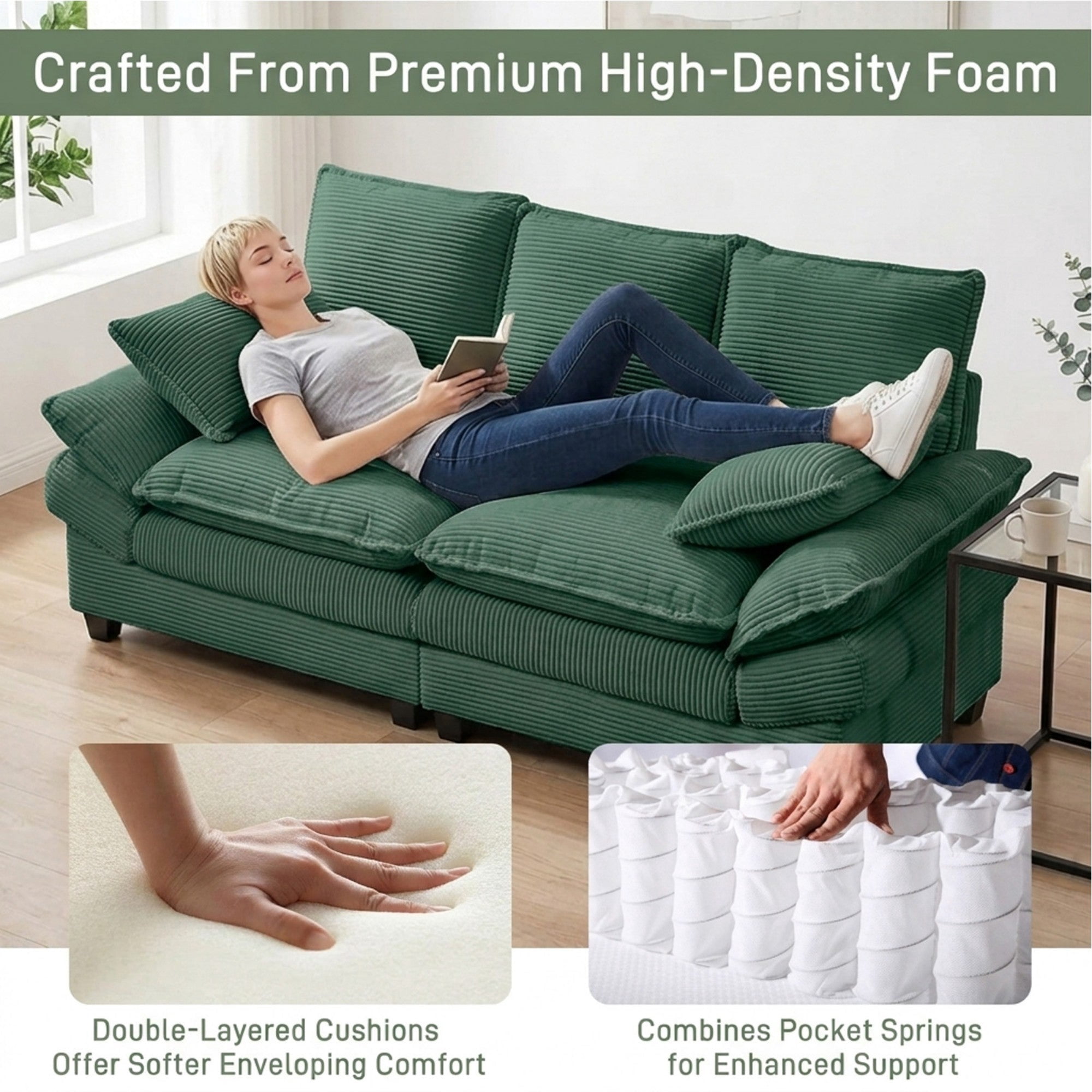 Sailvan 83" Modern Loveseat Sofa,2-Seat Corduroy Couch with High-Elastic Sponge,Comfy Upholstered Sofa for Living Room & Apartment,Green