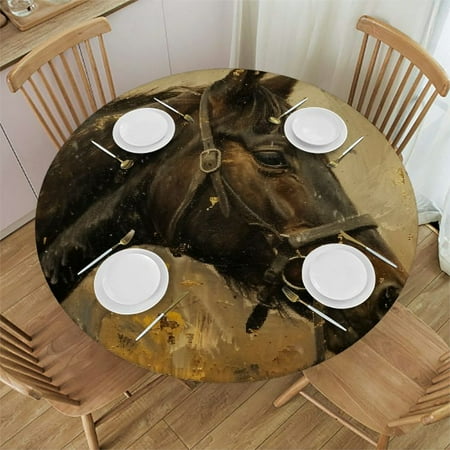 

Sheronv Horse Fence Oil Painting Round Table Cover 100% Polyester Stain Resistant Washable for Indoor Outdoor Kitchen Dining Wedding Parties 54 -58