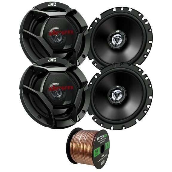 2 Pairs (QTY 4) of JVC CS-DR1721 drvn DR 6.75" 300 Watts Max Power Shallow-Mount Coaxial Car Audio Speakers Bundle Combo with 16 AWG Gauge 50 Feet Speaker Wire Cable