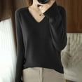 thumbnail image 2 of larppty Women's V Neck Casual Sweater,Lightweight Long Sleeve Pullover Sweater Classic Fall Thin Sweater Top Elegant Clothing Black, L, 2 of 4