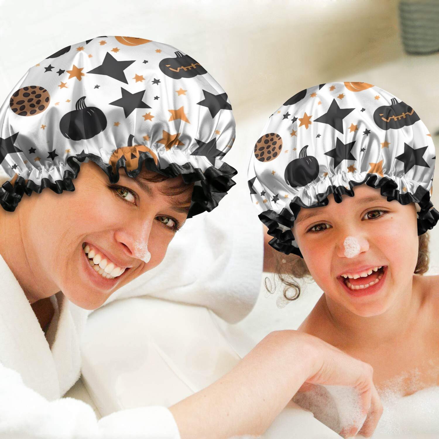 Shower Caps,Halloween Pumpkin Star Pattern Waterproof Shower Cap for Women 4 Pieces,Double Reusable Hair Cover for Shower PEVA Elastic Stretch Hem