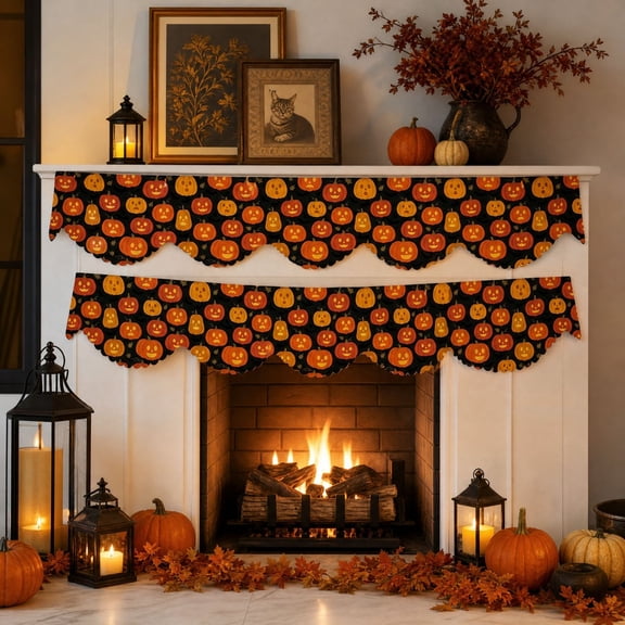 2pcs Pumpkin Monster Fireplace Mantel Scarf Stars Black Orange Halloween Mantle Cover Runner Drape Shelf Top Decor Machine Washable for Living Room Home Indoor Holiday Decoration