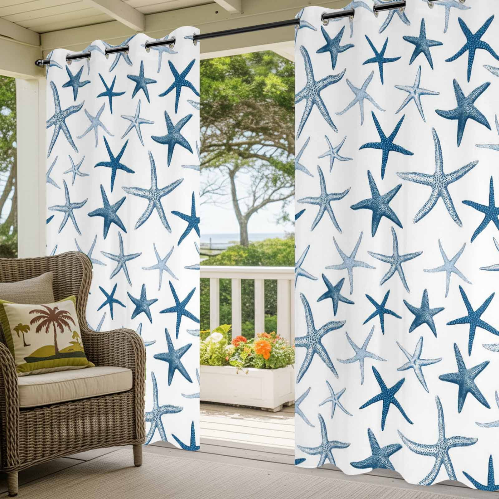 Summer Marine Life Outdoor Curtains for Patio, Watercolor Blue Starfishes Ocean Landscape Sunshade Privacy Drapes Grommet Waterproof Outside Curtains for Porch/Cabana/Balcony 54"x 108", 1 Panel