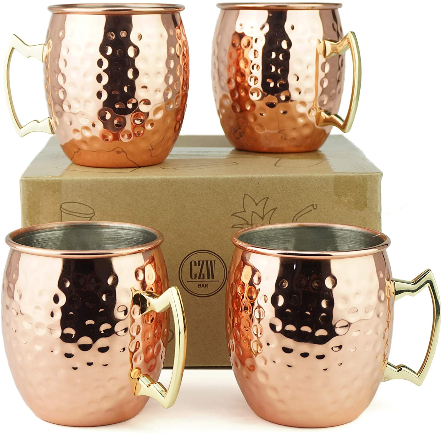 Hammered Copper Moscow Mule Mug Handmade of 100% Pure Copper Set Of-4 Size-16 Ounce Without Lacquered. Brass Handle Solid Copper Moscow Mule Mug / Cup 