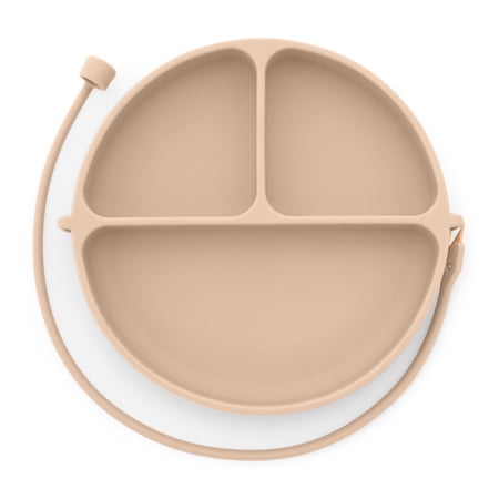DropLess Plate Silicone Baby Suction Plate with Utensil Tether BPA Free Beige