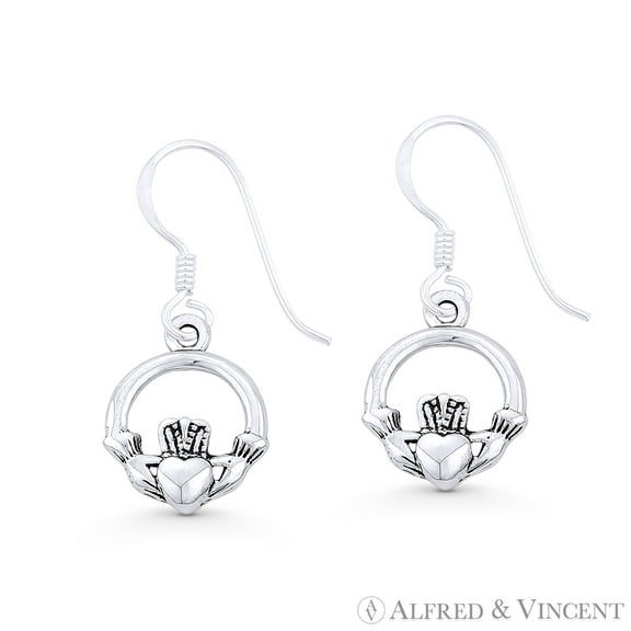 Irish / Celtic Claddagh Heart Charm Dangling Hook Earrings in Oxidized .925 Sterling Silver