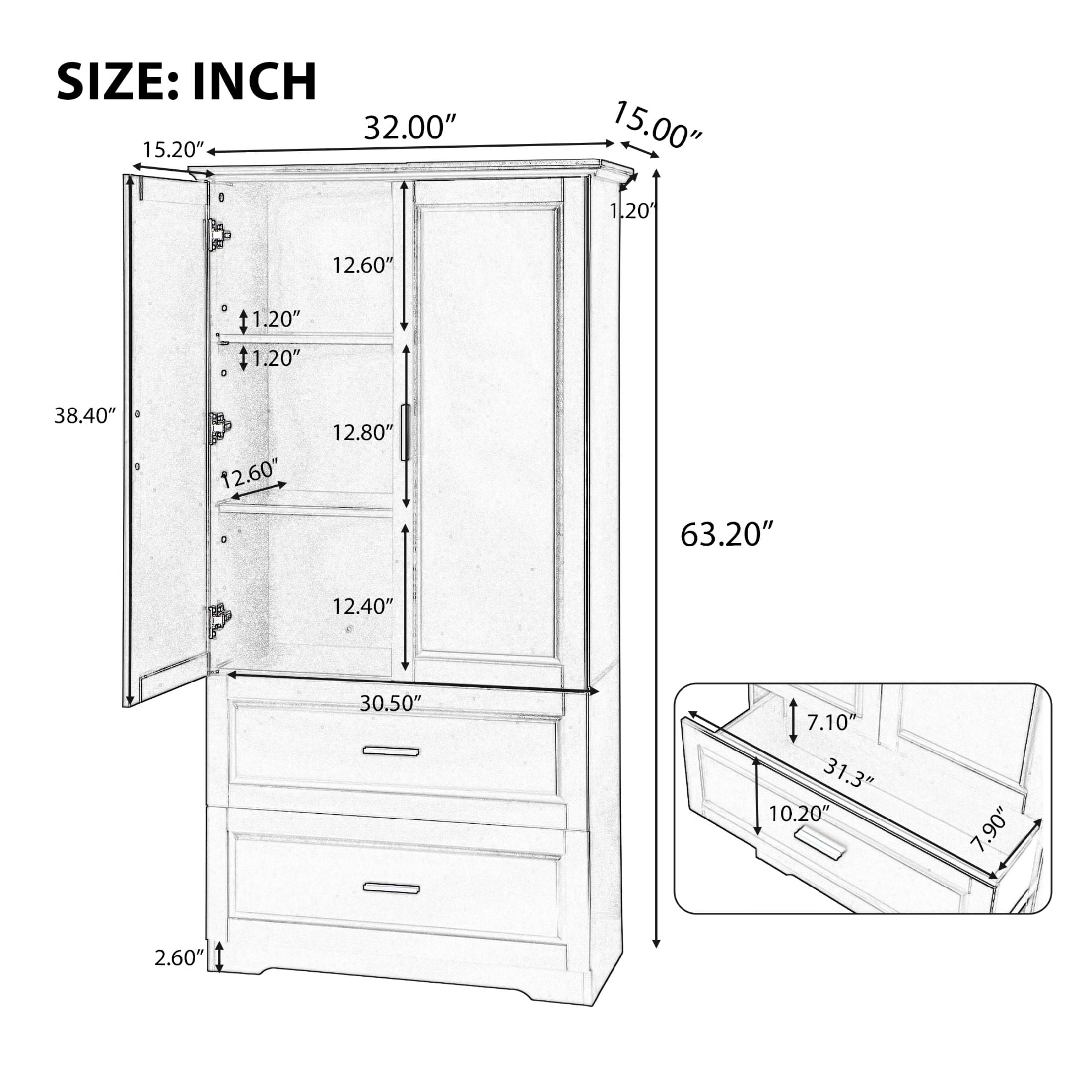 DEALTOPS Tall Spacious Storage Cabinet with 2 Drawers and Adjustable Shelf for Bathroom, Living Room, Black