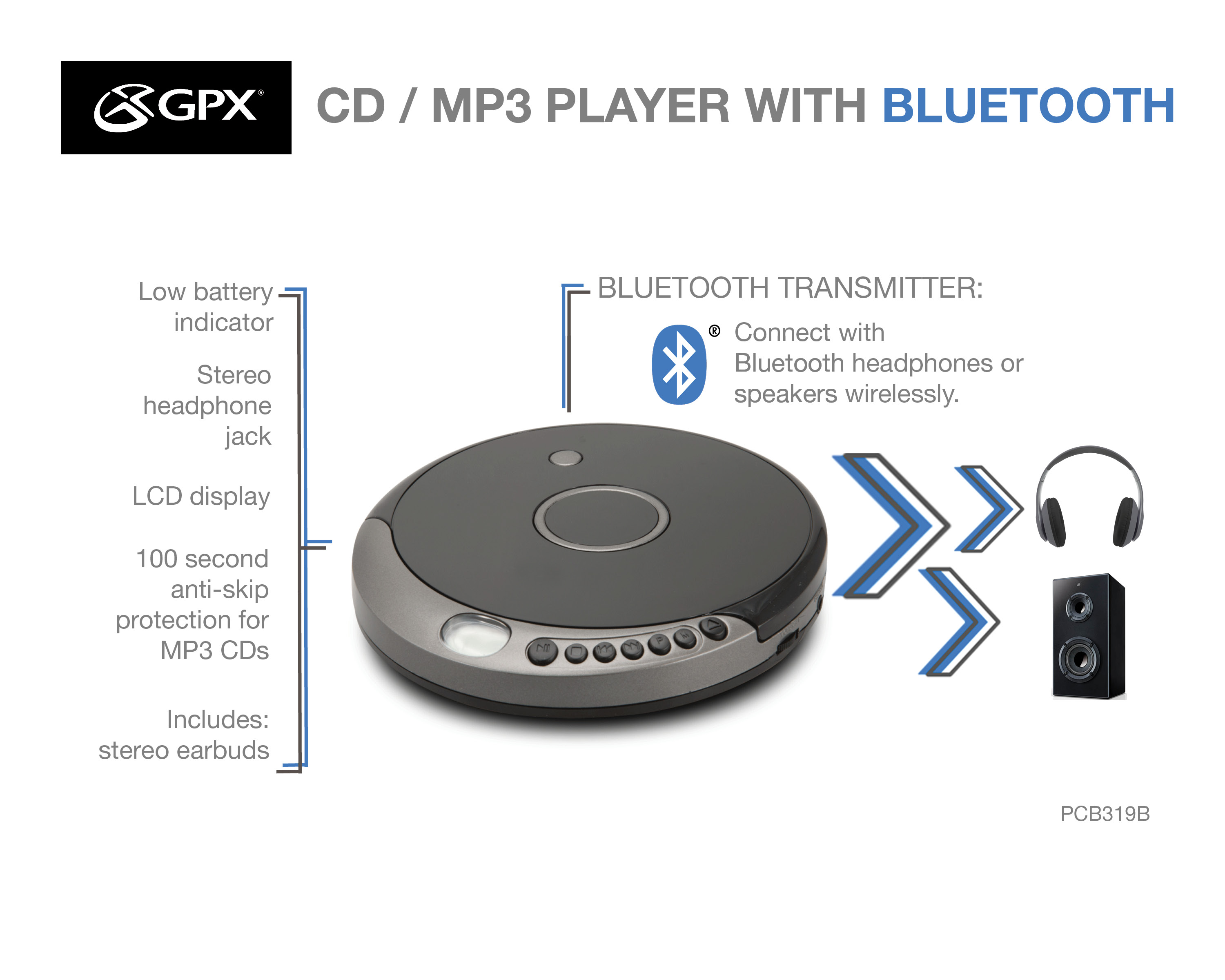 GPX CD/MP3 Player with Bluetooth (PCB319B) - image 3 of 10