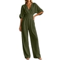 thumbnail image 3 of HAIJIE Women’s Wrap V-Neck Jumpsuit, Cuffed 3/4 Sleeves, Waist Cinched, Wide Leg, Assorted Solid Colors (Green,M), 3 of 6