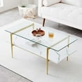 thumbnail image 1 of Rectangle Coffee Table Mid-Century Modern Design L W x H for Living Room - Structure Amber Glass Top and Walnut MDF Shelf Sleek Conical Metal Legs with Gold Finish, 1 of 9
