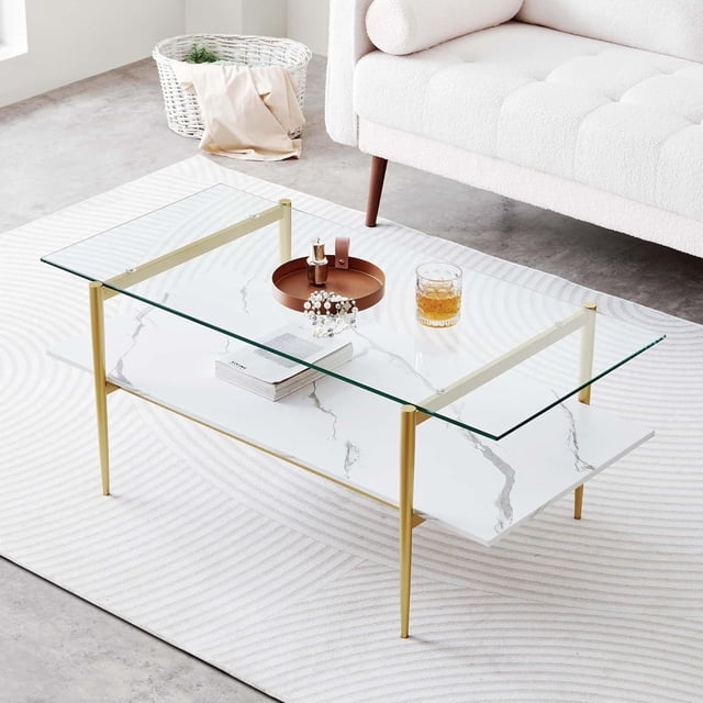 Rectangle Coffee Table Mid-Century Modern Design L W x H for Living Room - Structure Amber Glass Top and Walnut MDF Shelf Sleek Conical Metal Legs with Gold Finish