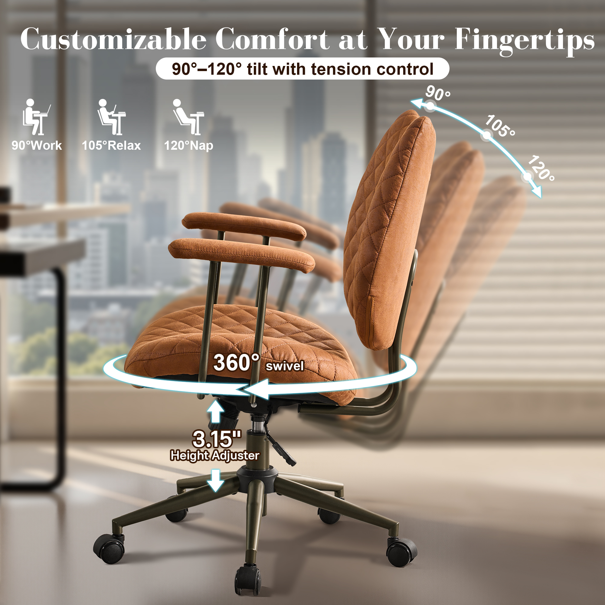 Toject Leather Office Chair, Mid Back Home Office Chair with Lumbar Support, Ergonomic Computer Chairs, Executive Desk Chairs with Thickened Cushions, Task Chairs for Office, Suede Leather, Brown