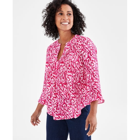 Women's Printed Pintuck Ruffle Sleeve Top, Regular & Petite Pink Fern PS