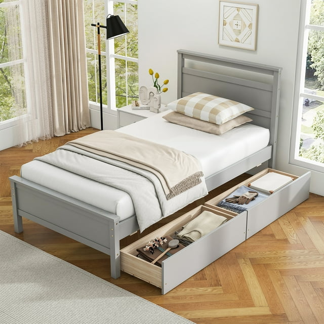 Gymax Lit Plateforme Format Simple avec Tiroirs 2 Tiroirs Coulissants Tête de Lit et Pied de Lit Gris