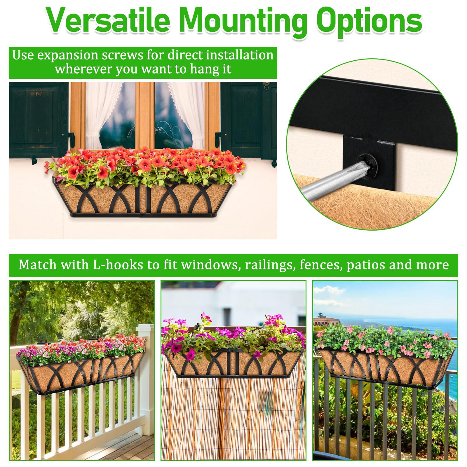 24in Metal Railing Window Box 2 Pack Indoor Outdoor Plant Planter