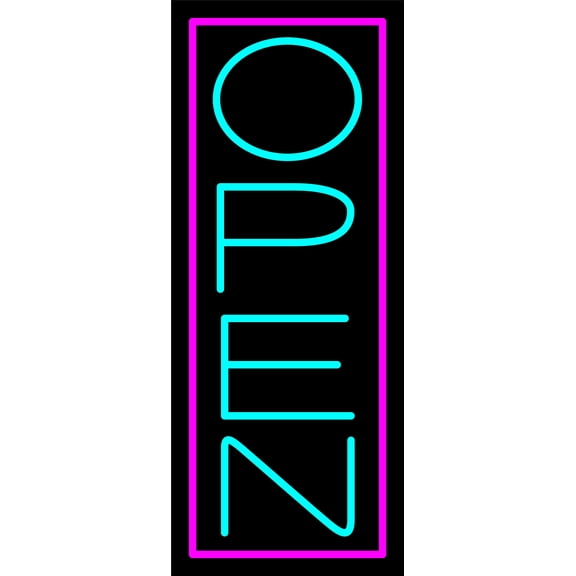 Aqua Open With Pink Border Vertical LED Neon Sign 13 x 32 - inches, Clear Edge Cut Acrylic Backing, with Dimmer - Bright and Premium built indoor LED Neon Sign for storefront.