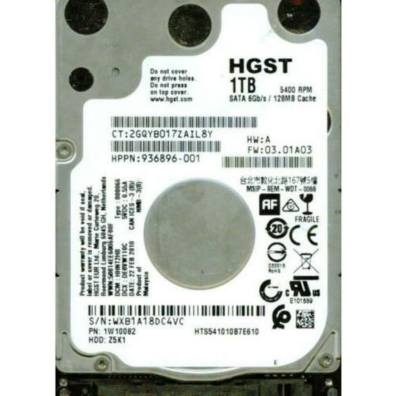 HTS541010B7E610 P/N: 1W10082 DCM: HHNT2HB FW: 03.01A03 HGST SATA 1TB WXB1