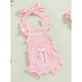 thumbnail image 4 of Musuos Newborn Girls Clothes, 3 6 12 18M Fly Sleeve Solid Color Romper Tops Drawstring Short Pants Headband Casual Outfits, 4 of 9