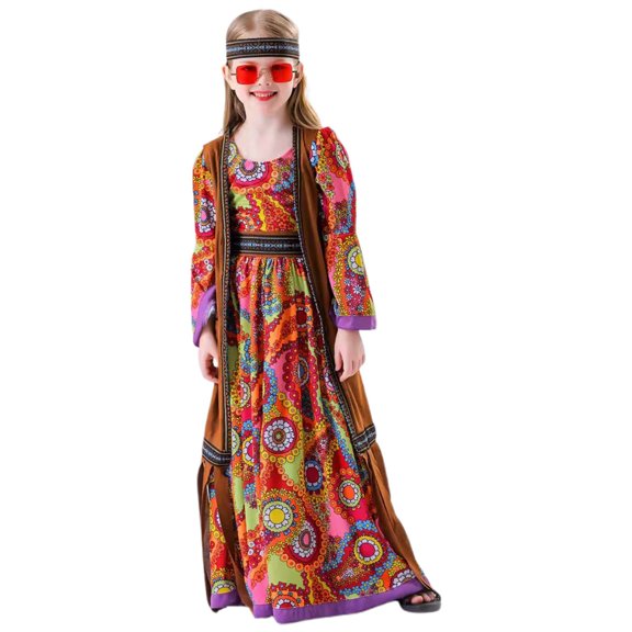 CAIVO Hippie Disco Dress For Girls Skirt With Headband Vests And Belt For Party Dress Up Classic Toddler Child Daily Wear