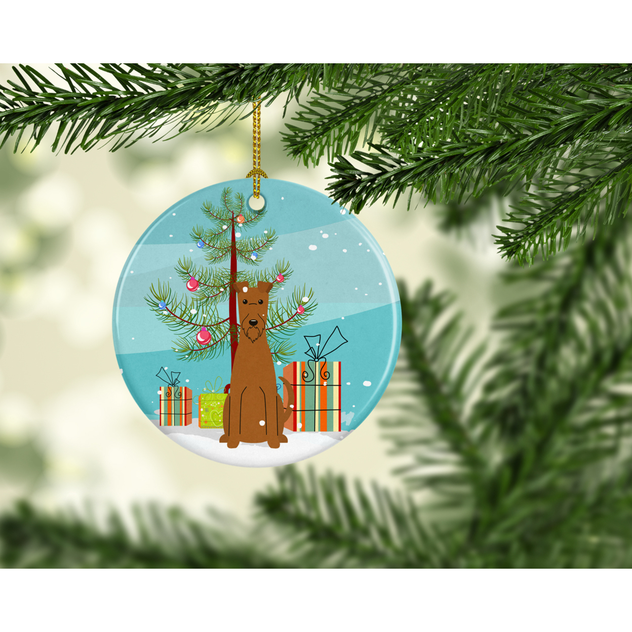 Carolines Treasures BB4187CO1 Merry Christmas Tree Irish Terrier Ceramic Ornament 3 in multicolor